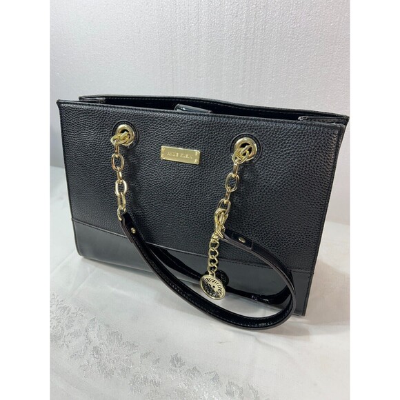 Anne Klein Leather Two-Toned Black Handbag with Gold Chain and Medallion - Picture 2 of 7